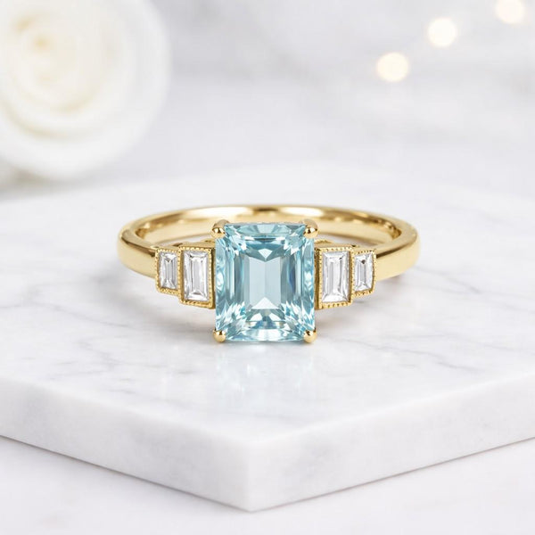 aquamarine ring blue gemstone ring emerald cut ring three stone ring statement ring solitaire ring promise ring cocktail ring women ring fine jewelry elegant ring rectangular stone light blue ring prong setting ring
