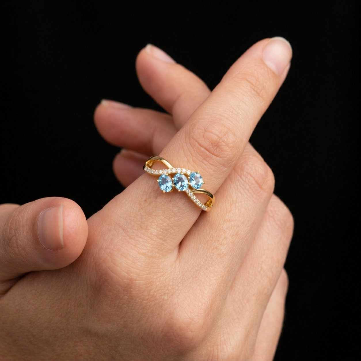 aquamarine ring blue topaz ring infinity band crossover band three gem ring side stone ring accent stone ring bridal jewelry women jewelry ladies ring gemstone accessory blue jewelry silver jewelry white metal ring