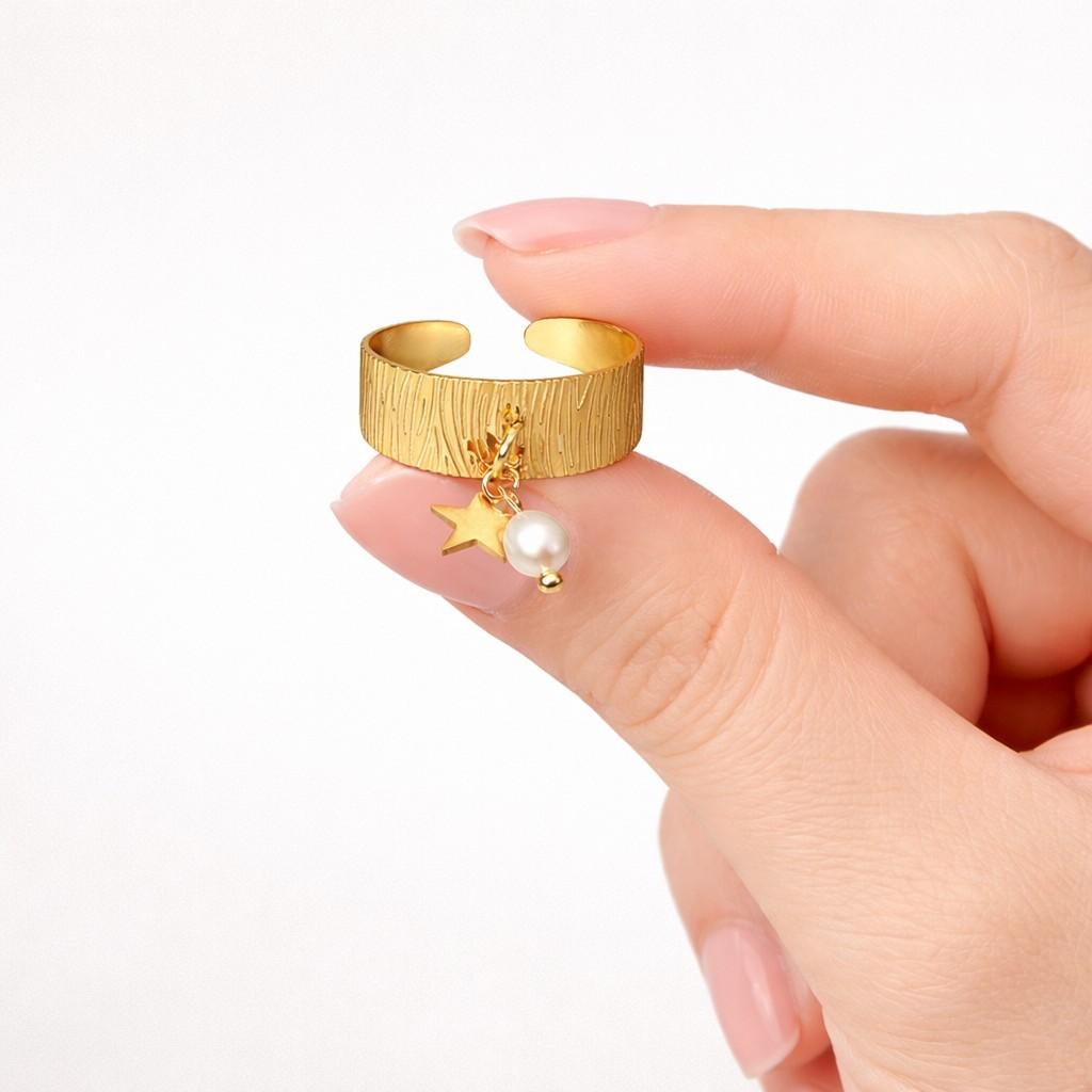 artisan ring designer ring textured band charm jewelry star charm pearl charm gold jewelry ring accessory ring lover gift for women trendy jewelry fashion jewelry cute jewelry