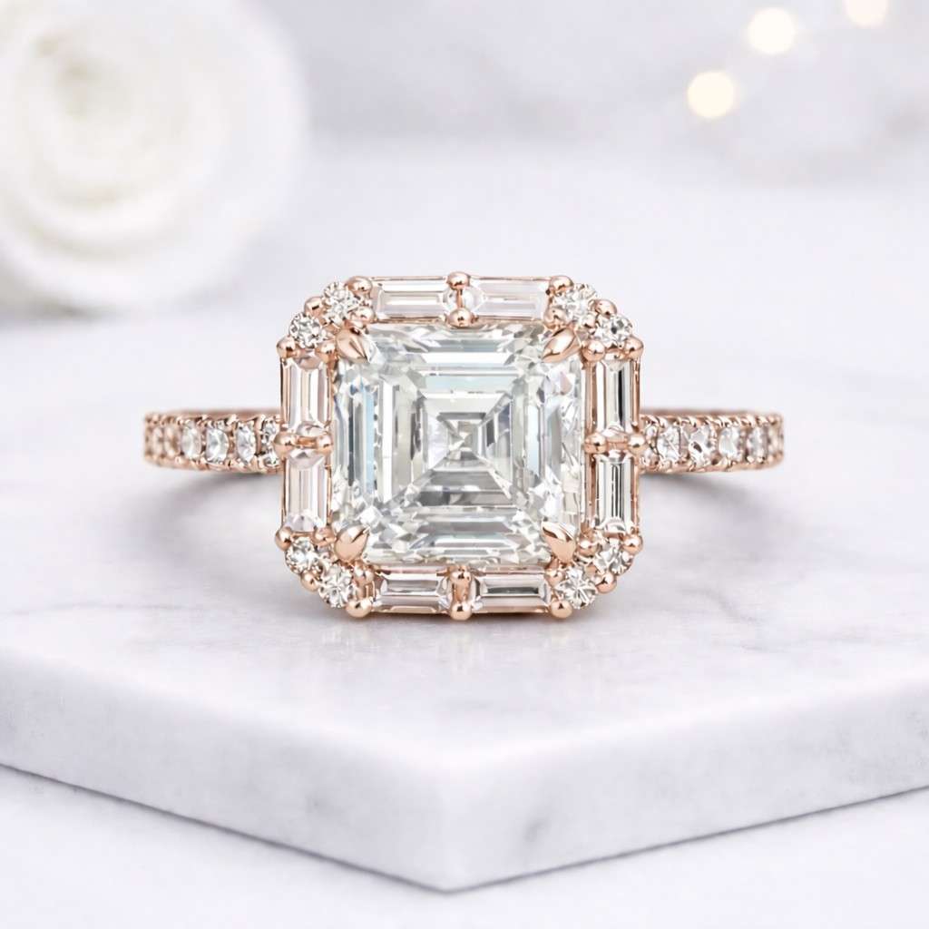 asscher cut ring lab grown ring halo ring rose gold ring pave band ring statement ring square ring vintage ring