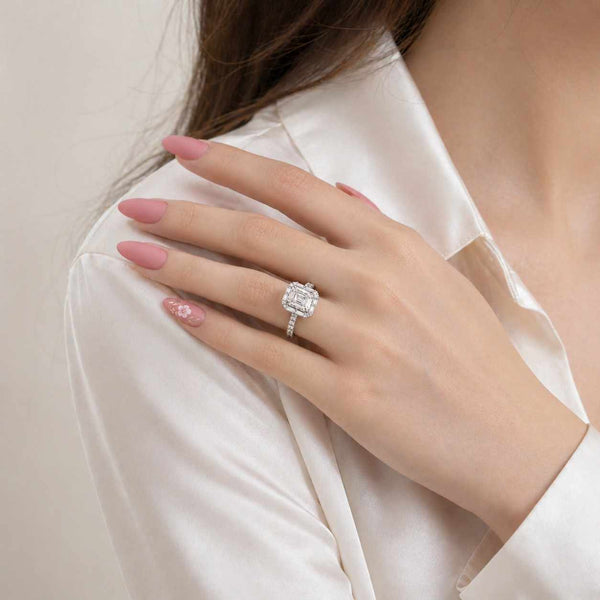 asscher engagement ring lab grown diamond ring hidden halo ring cathedral ring square engagement rose gold jewelry
