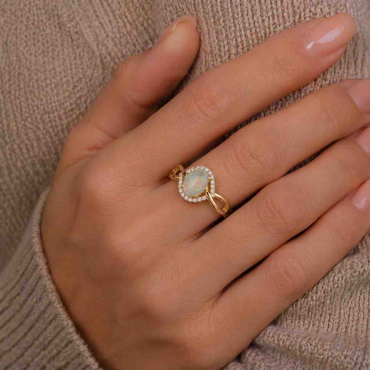 australian opal ring fire opal ring white opal ring rainbow opal ring natural opal ring opal halo ring infinity band ring crossover ring split shank ring vintage ring artisan jewelry