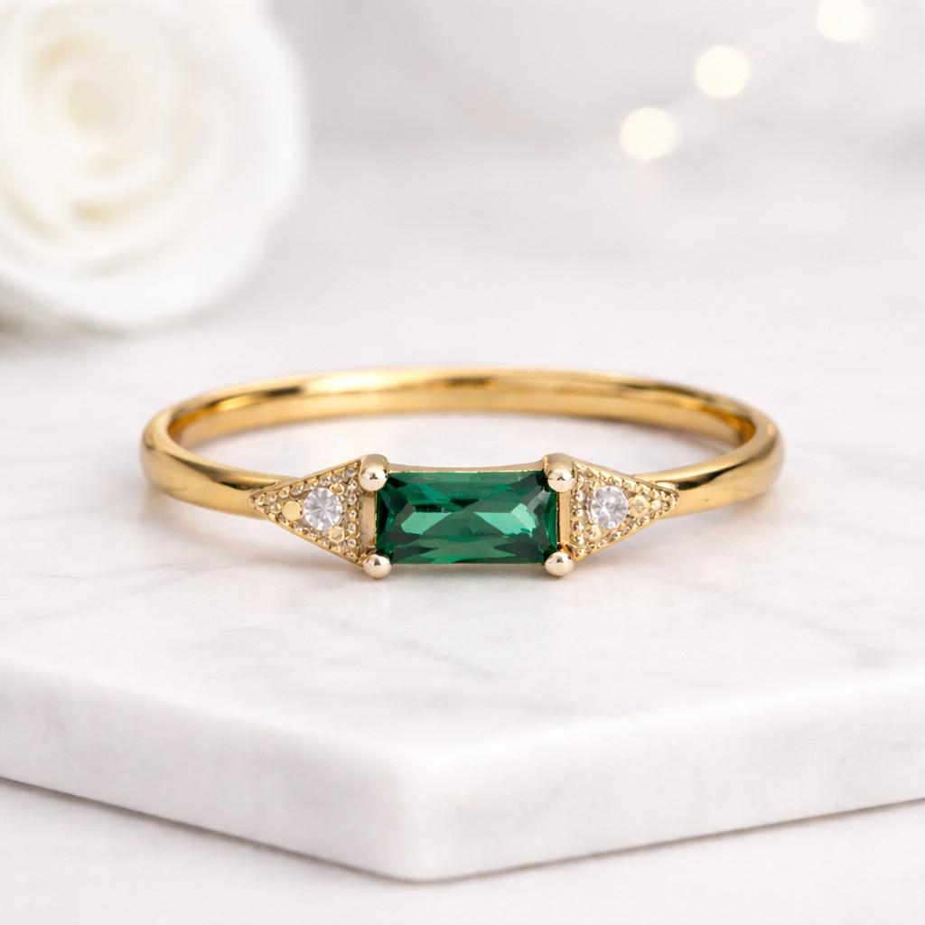 baguette cut ring emerald ring green stone ring gold ring thin band ring solitaire ring geometric ring rectangle stone ring