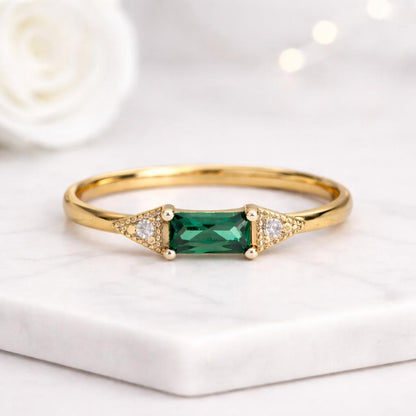baguette cut ring emerald ring green stone ring gold ring thin band ring solitaire ring geometric ring rectangle stone ring