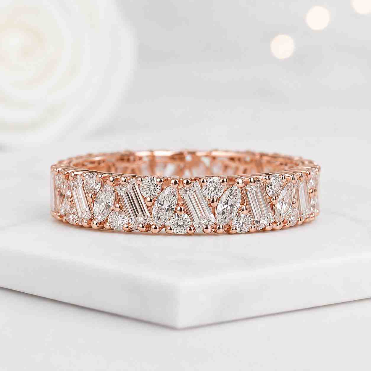 baguette diamond ring marquise diamond ring round diamond ring alternating stones eternity band wedding jewelry bridal band fine ring