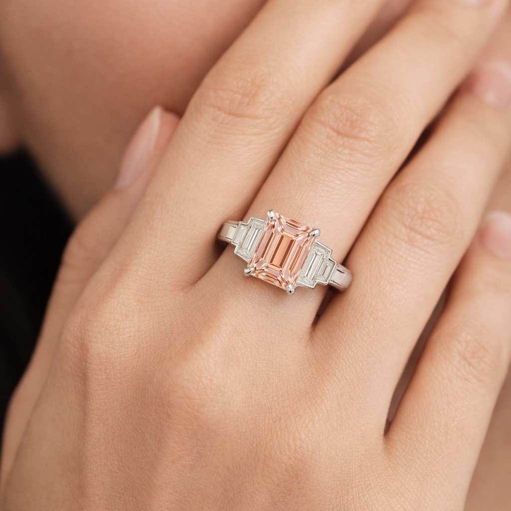 baguette side stones tapered baguette ring center stone ring peach gemstone ring blush stone ring rectangular stone ring prong setting ring comfort fit ring polished band ring yellow band ring unique ring