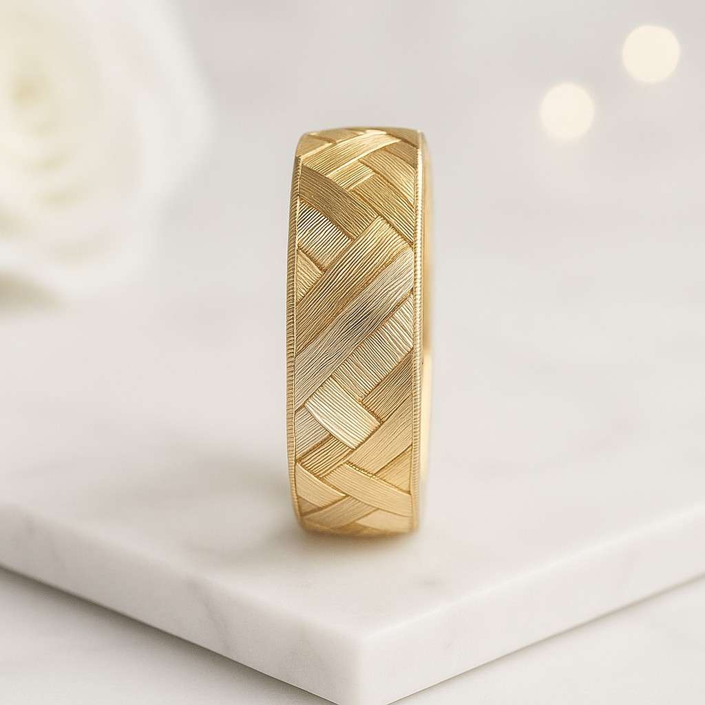 basket weave band herringbone ring woven texture band engraved wedding band satin finish ring brushed texture band polished edge ring comfort wedding ring wide comfort band