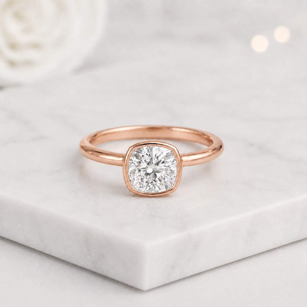 bezel set ring solitaire ring round stone ring cushion bezel ring rose gold ring thin band ring