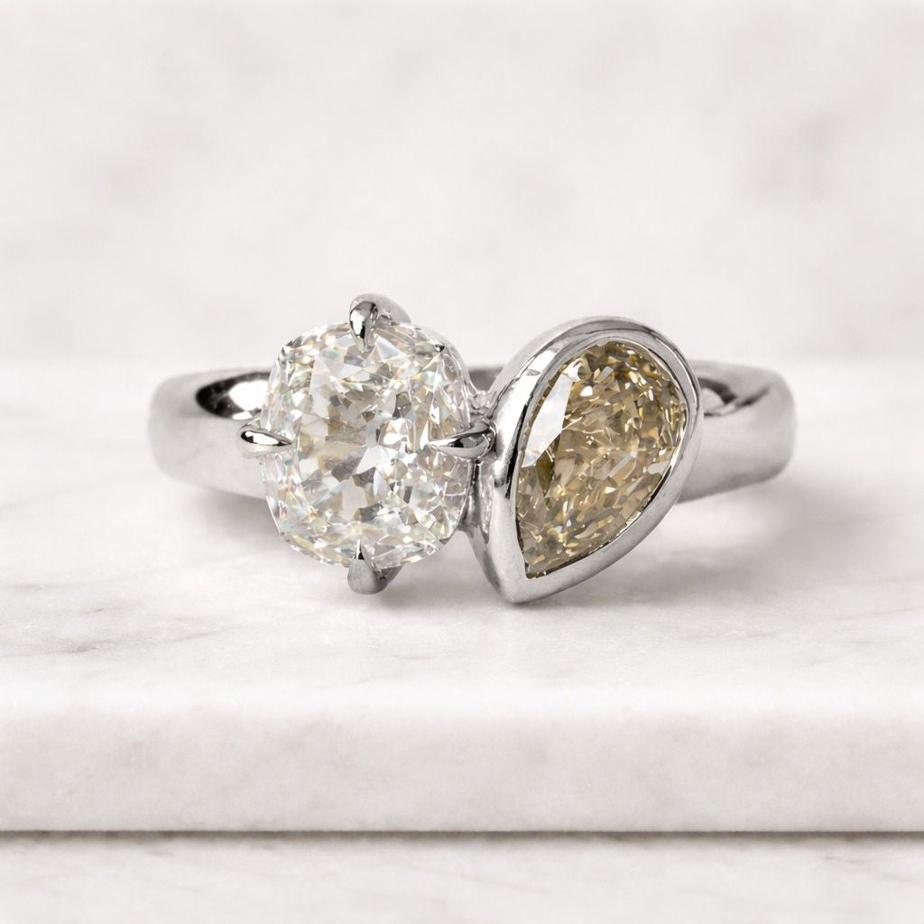 elongated old mine cushion and champagne pear lab grown diamond ring order for addy