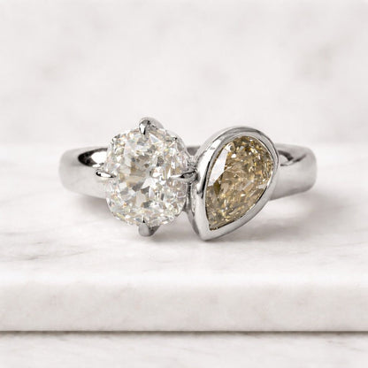 Elongated Old Mine Cushion and Champagne Pear Lab Grown Diamond Ring Order For Addy