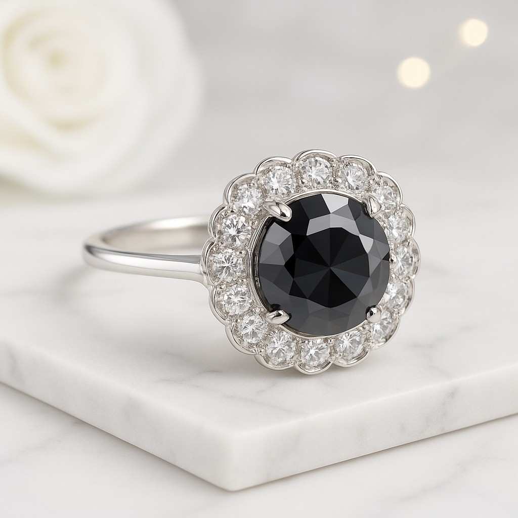 black diamond ring halo ring round ring flower halo ring floral ring solitaire ring statement ring promise ring bridal ring women ring elegant ring
