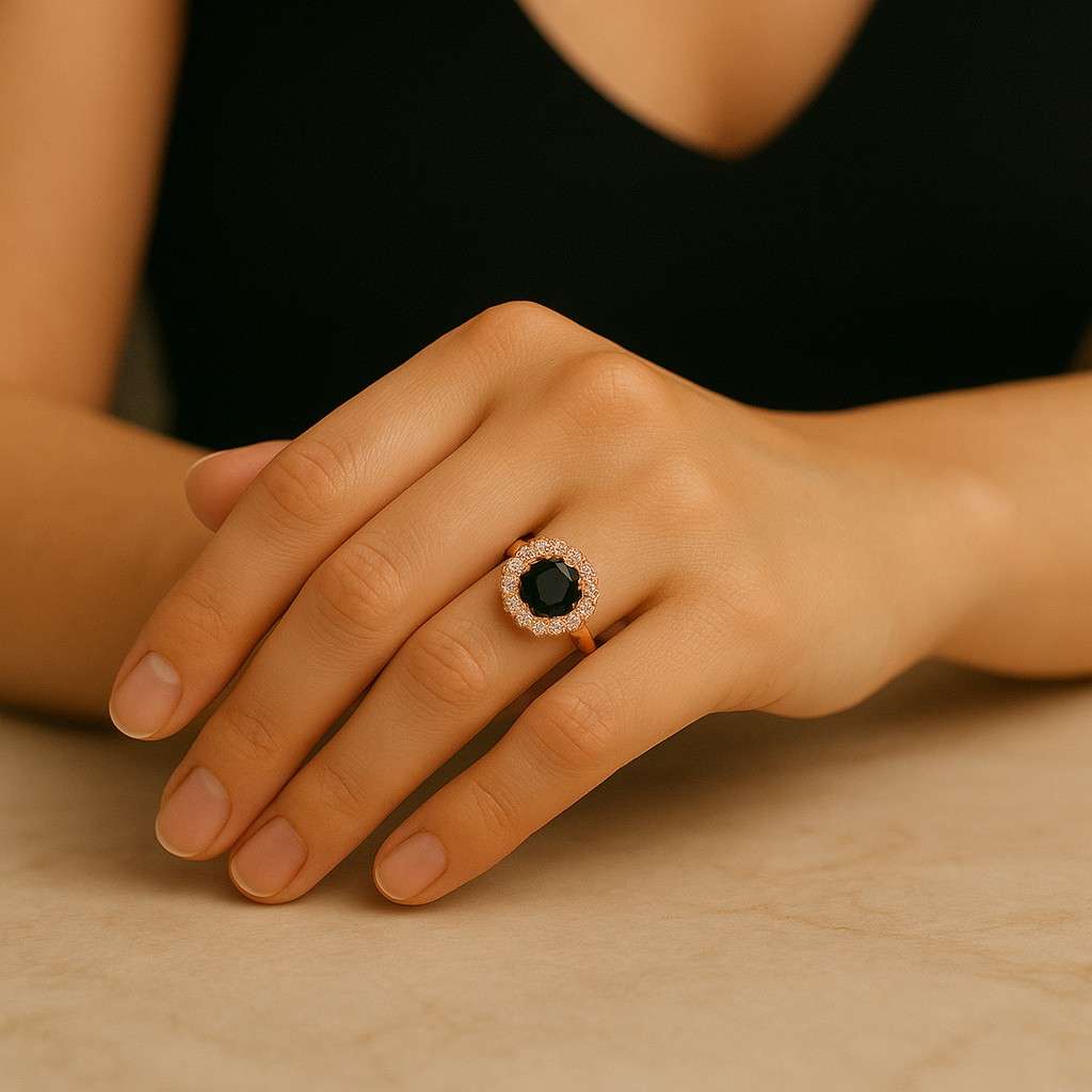 black stone ring round cut ring halo engagement ring floral engagement ring scalloped ring bridal jewelry cocktail ring dress ring stacking ring