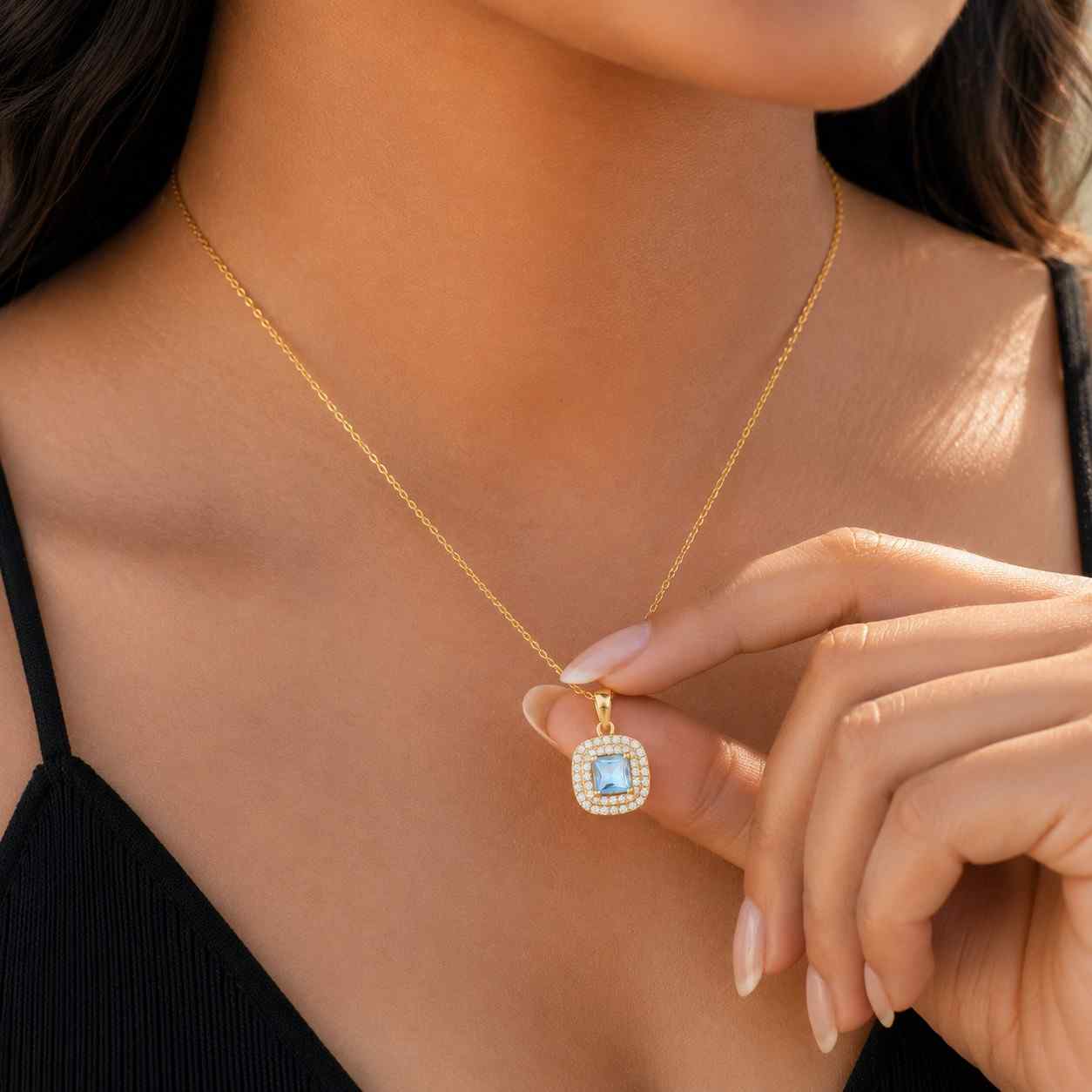 blue crystal necklace square halo necklace gold jewelry pendant jewelry blue pendant necklace pave halo necklace petite pendant