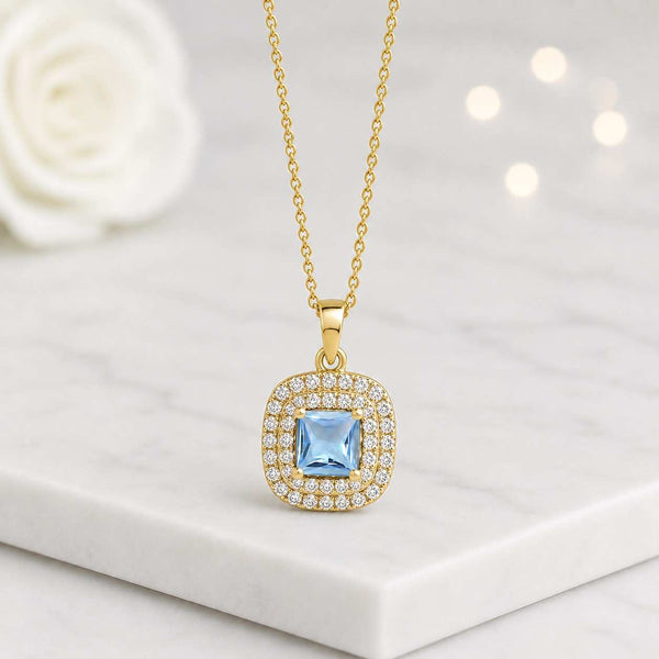 blue gemstone necklace gold pendant necklace square pendant cushion pendant halo pendant dainty necklace women necklace