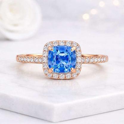 blue gemstone ring cushion cut ring halo ring rose gold ring pave band ring statement ring women ring promise ring bridal ring fine jewelry luxury ring elegant ring sparkle ring crystal ring