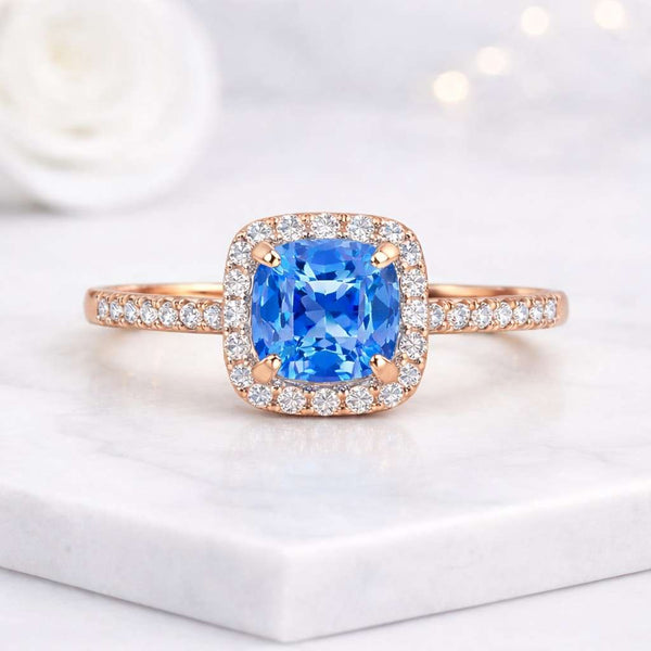 blue gemstone ring cushion cut ring halo ring rose gold ring pave band ring statement ring women ring promise ring bridal ring fine jewelry luxury ring elegant ring sparkle ring crystal ring