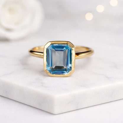 blue gemstone ring emerald cut ring gold bezel ring solitaire ring thin band ring stackable ring dainty ring women ring