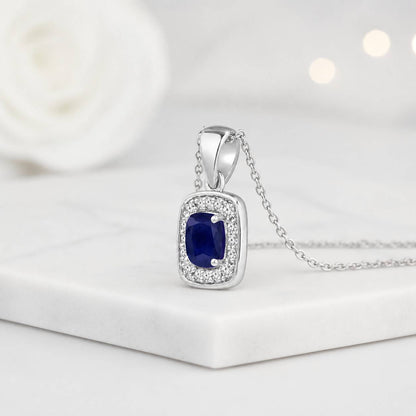 blue sapphire necklace sapphire jewelry gemstone jewelry halo necklace silver necklace square halo pendant cushion halo pendant bezel look pendant sparkling pendant