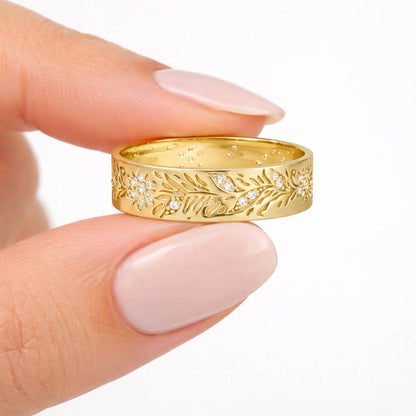 elegant floral band handmade gold ring polished wedding ring wide gold band botanical jewelry floral jewelry women ring