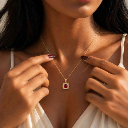 bridal necklace gift necklace polished pendant luxury pendant timeless pendant chain necklace gemstone jewelry red gemstone square halo