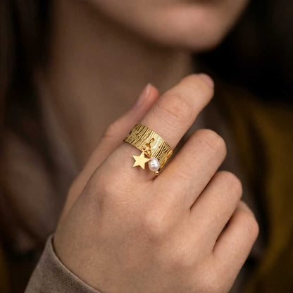 celestial jewelry star jewelry pearl jewelry gold jewelry adjustable jewelry open band ring cuff ring wrap ring wide ring textured jewelry charm accessory dangling charm pearl charm star pendant ring