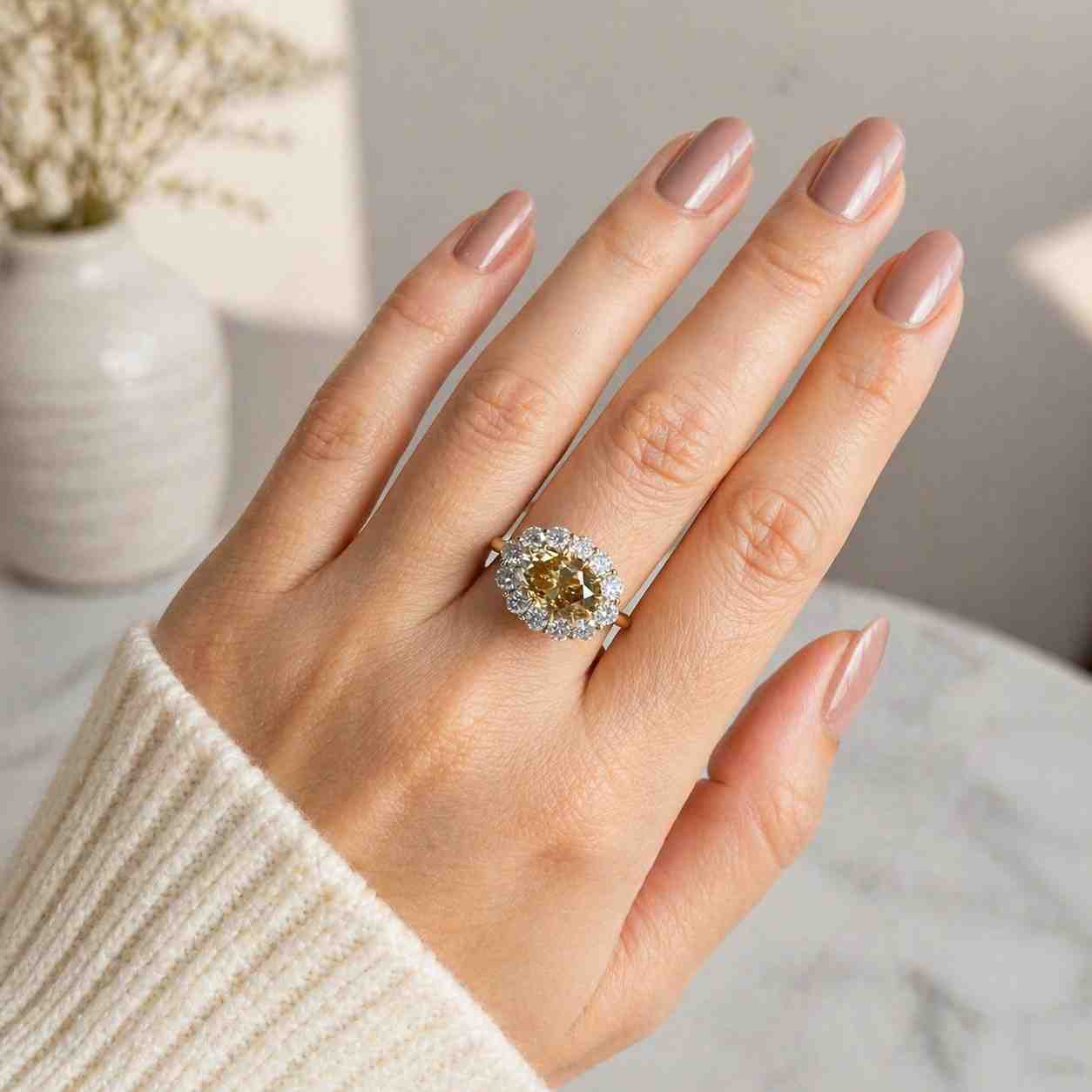 champagne diamond ring brown gemstone ring cognac diamond ring fancy diamond ring colored diamond ring warm tone ring earthy gemstone ring oval gemstone halo ring