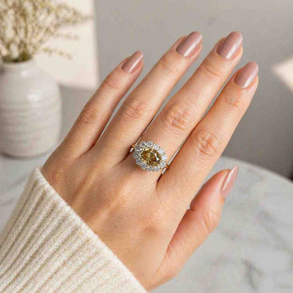 champagne diamond ring brown gemstone ring cognac diamond ring fancy diamond ring colored diamond ring warm tone ring earthy gemstone ring oval gemstone halo ring