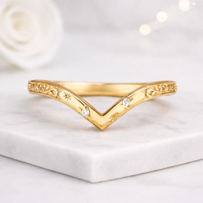 chevron ring band vband curved contour nesting stackable gold engraved filigree celestial starburst diamond accent delicate dainty womens jewelry