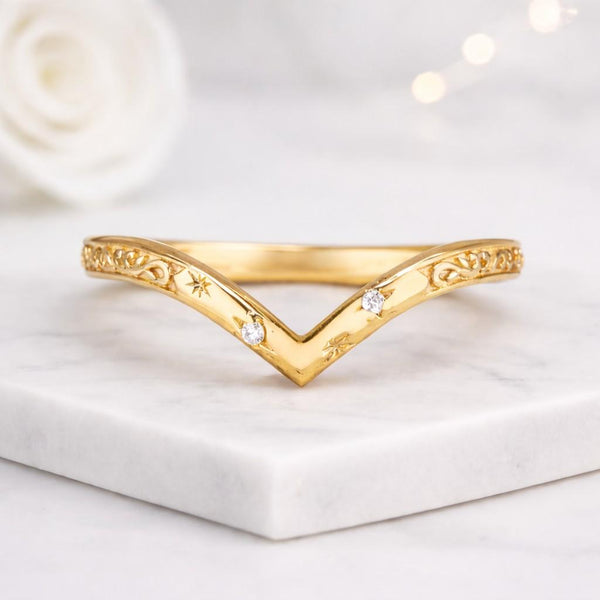 chevron ring band vband curved contour nesting stackable gold engraved filigree celestial starburst diamond accent delicate dainty womens jewelry