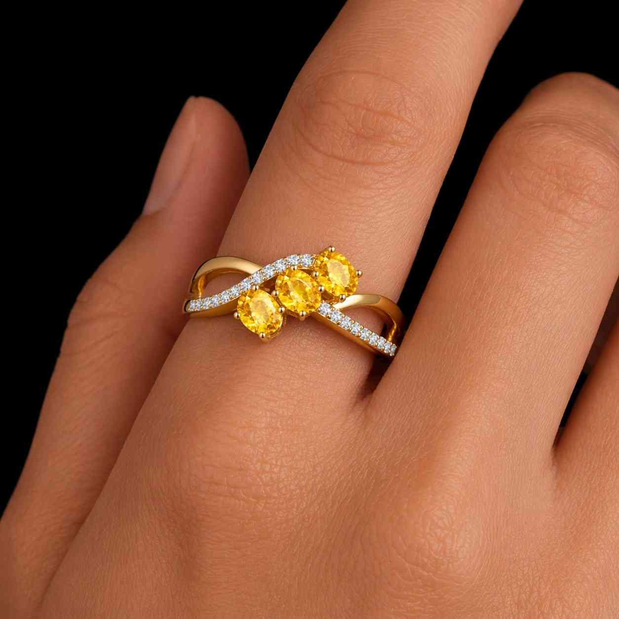 citrine ring november birthstone ring bright yellow ring gemstone band infinity band crossover band triple stone ring pave band accent stone ring cocktail ring ladies ring bridal jewelry anniversary ring
