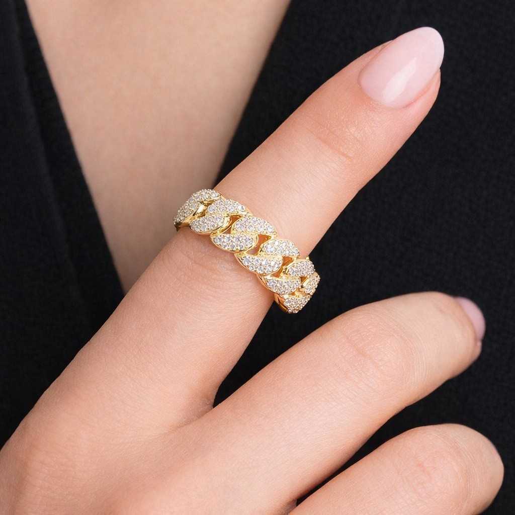 cuban chain band iced cuban ring pave cuban ring gold curb ring crystal curb ring hip hop jewelry chunky gold ring bling jewelry luxury accessory statement jewelry wide ring band chain link jewelry