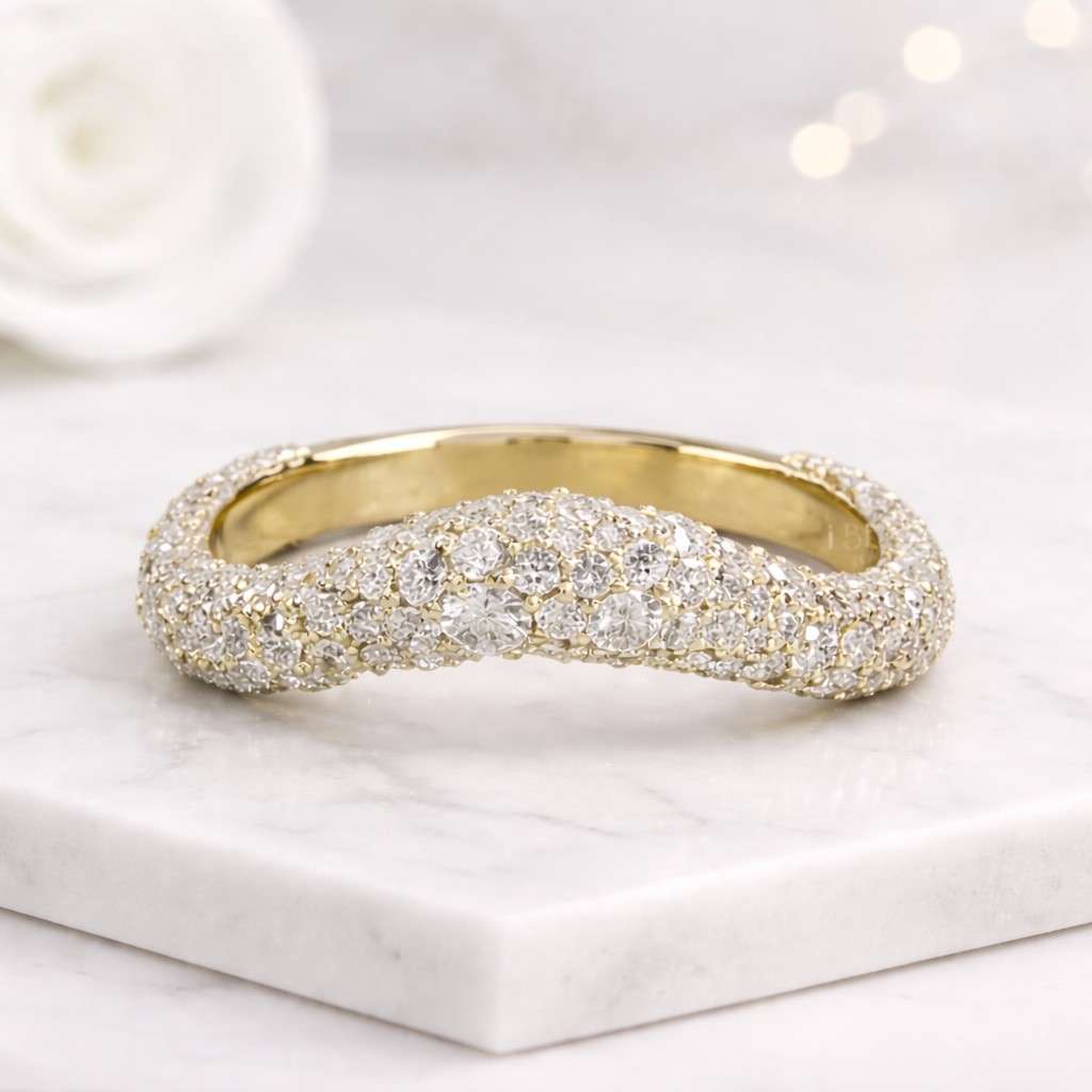 curved ring pave ring diamond band wave ring contour ring stacking ring women ring gold ring statement ring