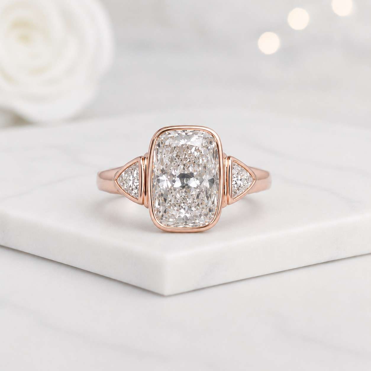 cushion cut ring bezel set ring three stone ring rose gold ring lab grown ring statement ring