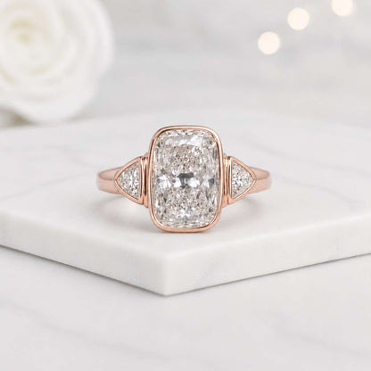 cushion cut ring bezel set ring three stone ring rose gold ring lab grown ring statement ring