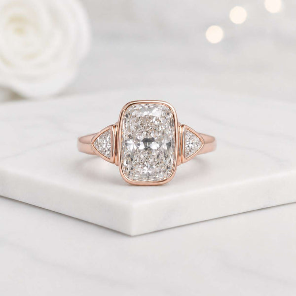 cushion cut ring bezel set ring three stone ring rose gold ring lab grown ring statement ring