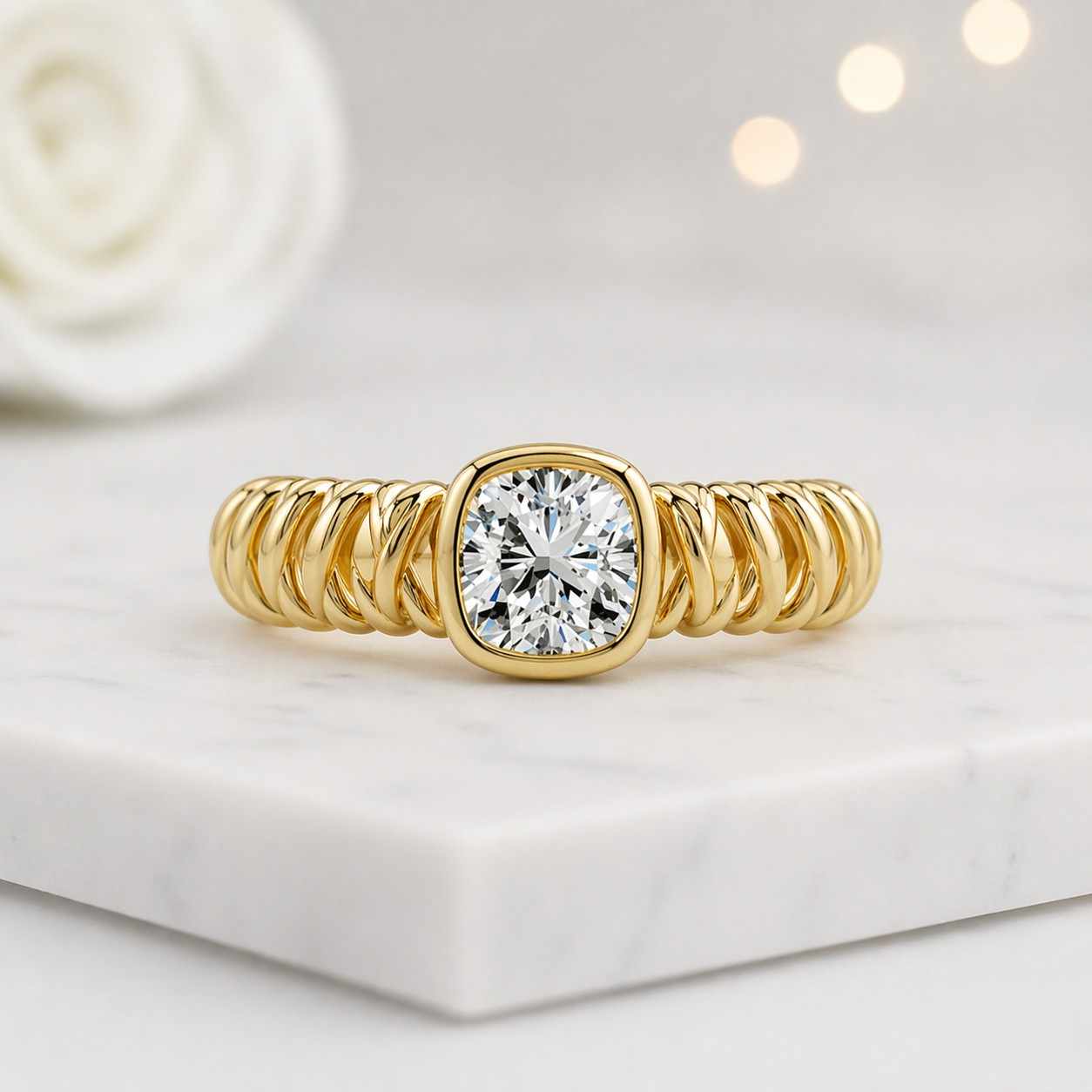 cushion cut ring gold ring solitaire ring bezel ring rope band ring twisted band ring statement ring women ring fine jewelry luxury ring elegant ring modern ring handmade ring