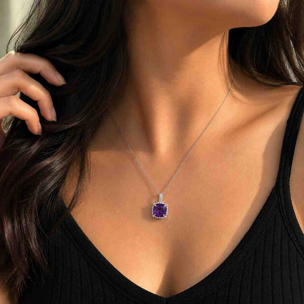 cushion cut square gemstone purple gemstone halo setting four prong pendant pavé bail diamond halo gemstone jewelry pendant jewelry necklace jewelry fine necklace