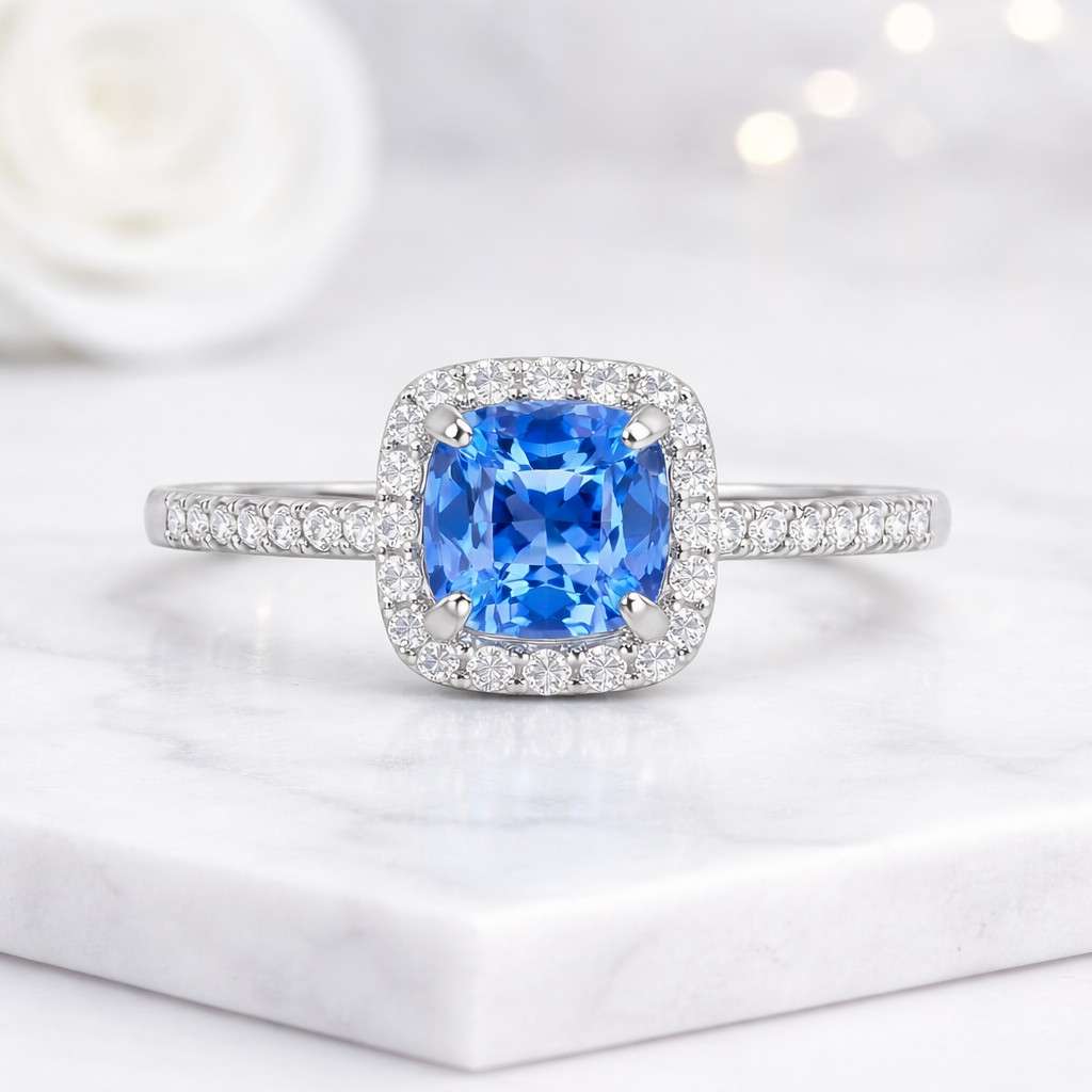 cushion halo ring blue sapphire ring sapphire look ring bright blue ring center stone ring halo diamond ring micro pave ring slim band ring solitaire halo ring engagement jewelry wedding band ring set ring