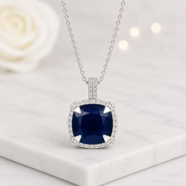 cushion pendant blue pendant sapphire pendant halo pendant square pendant solitaire pendant gemstone pendant necklace pendant