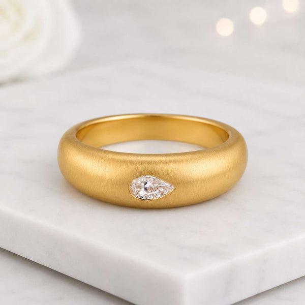 dome ring gold ring matte ring brushed ring wide band thick band comfort band pear ring pear diamond flush set bezel ring statement ring