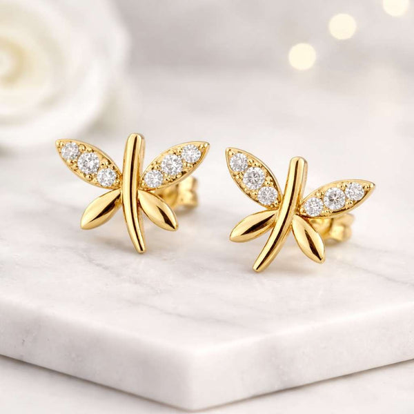 dragonfly earrings gold stud earrings insect earrings nature earrings tiny earrings cute earrings crystal earrings