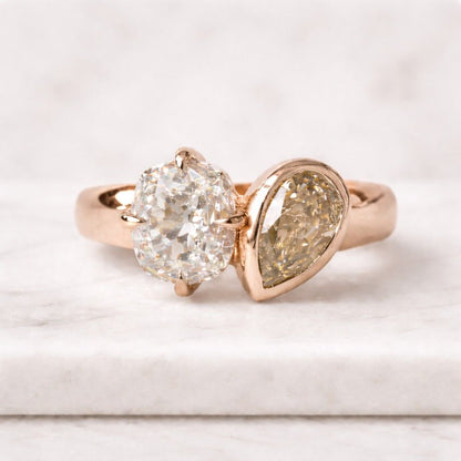 Elongated Old Mine Cushion and Champagne Pear Lab Grown Diamond Ring Order For Addy