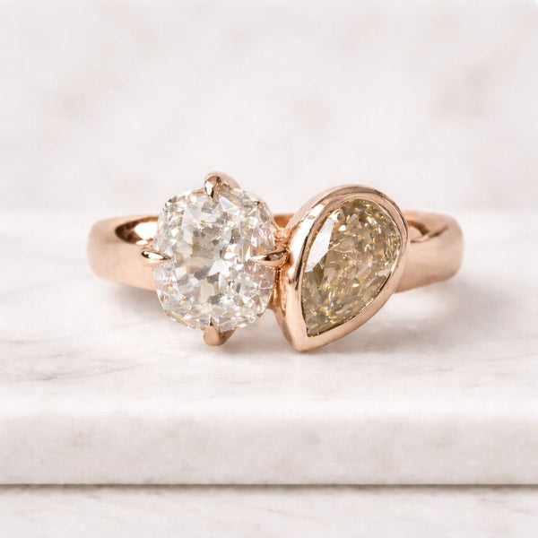 Elongated Old Mine Cushion and Champagne Pear Lab Grown Diamond Ring Order For Addy