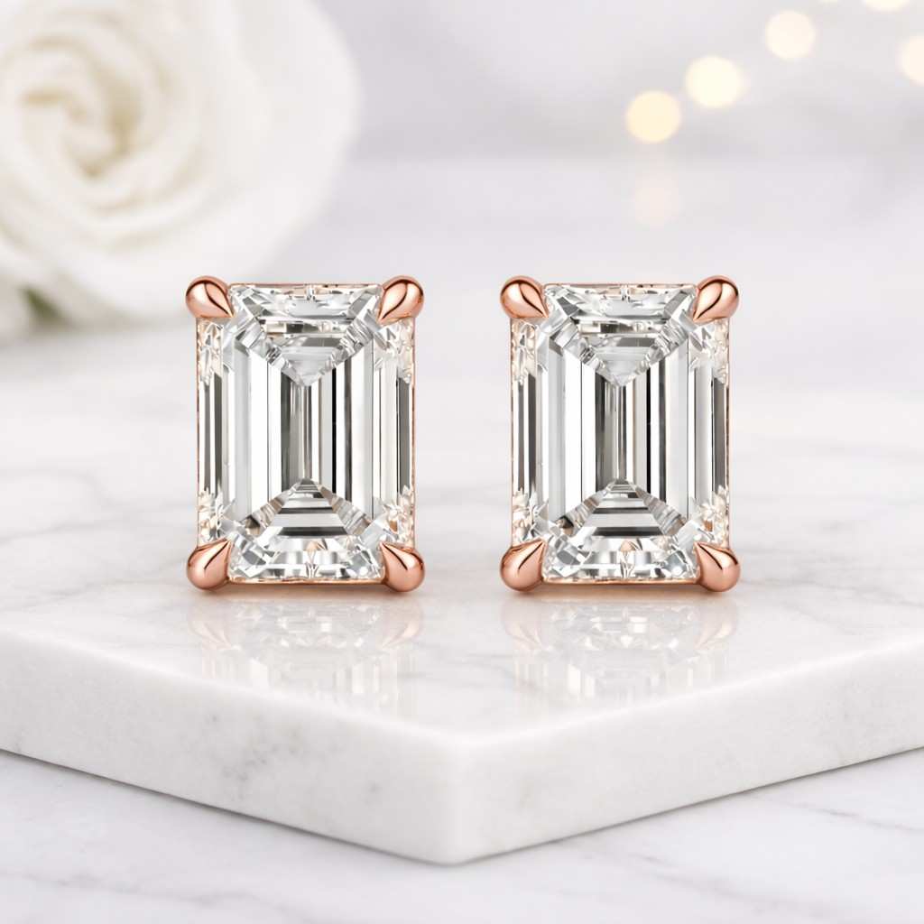 emerald cut earrings stud earrings lab grown earrings rose gold earrings rectangle earrings solitaire earrings classic earrings