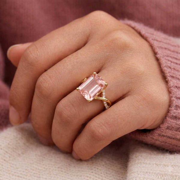 emerald cut gemstone rectangular gemstone pink crystal ring peach stone ring blush gemstone ring twisted shank ring crossover band ring four prong ring bridal jewelry pink jewelry gold jewelry ring