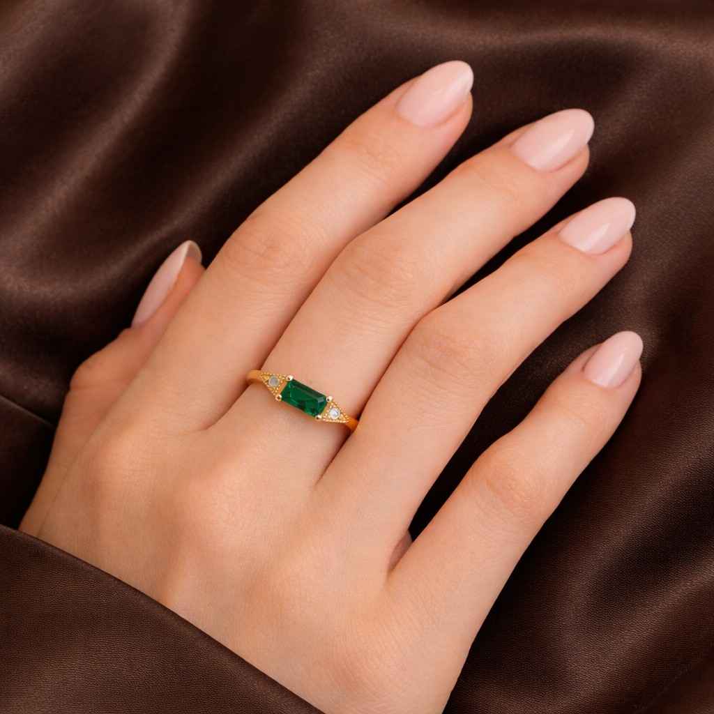 emerald cut ring baguette gemstone ring green crystal ring yellow gold ring slim band ring bezel style ring