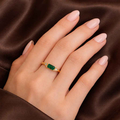 emerald cut ring baguette gemstone ring green crystal ring yellow gold ring slim band ring bezel style ring