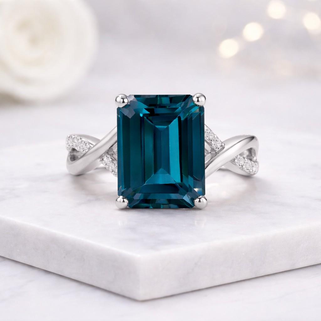 emerald cut ring blue gemstone ring solitaire ring statement ring gold ring twisted band ring prong setting ring rectangular stone ring teal stone ring women ring bridal ring promise ring cocktail ring luxury ring