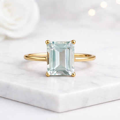 emerald cut ring gold ring solitaire ring gemstone ring thin band ring prong setting ring clear stone ring pastel stone ring rectangle stone ring elegant ring women ring dainty ring