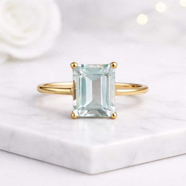 emerald cut ring gold ring solitaire ring gemstone ring thin band ring prong setting ring clear stone ring pastel stone ring rectangle stone ring elegant ring women ring dainty ring